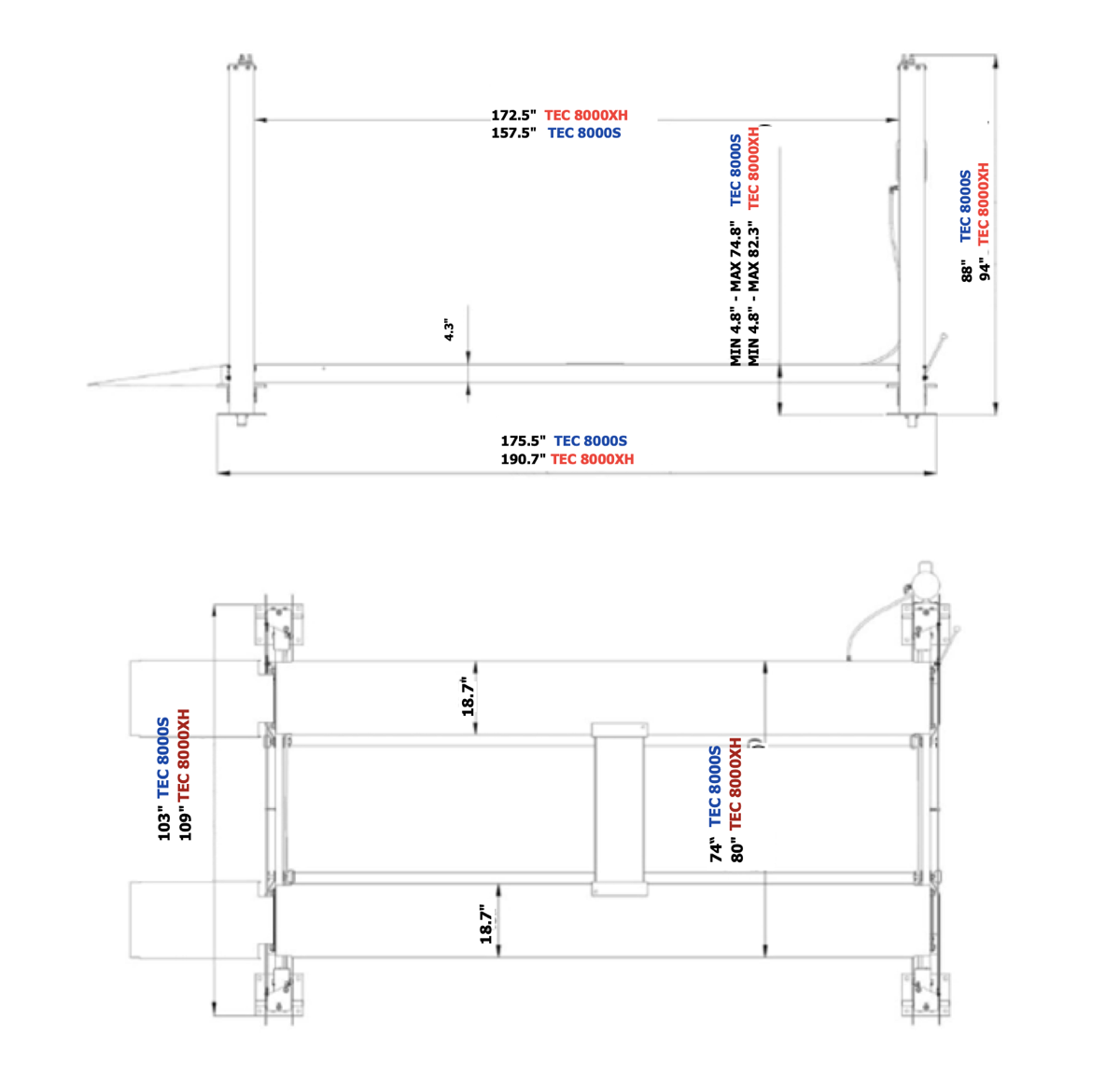 TEC 8000 Series dimension drawings — the WRA shares the 8000S heights and lengths with the 8000XH widths